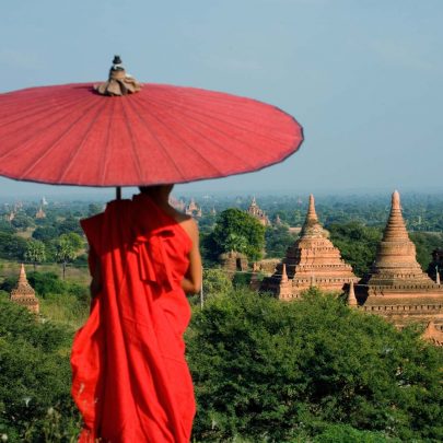 Bagan temples with monk Myanmar Square
